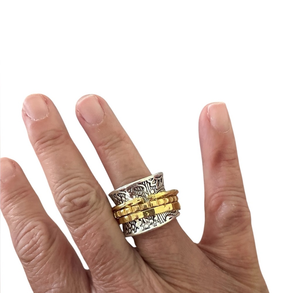Embossed Silver Ring with Movable Gold Bands